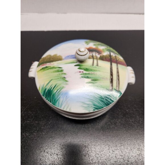 Vintage Hand Painted Porcelain Lidded Bowl With Scenic Landscape Design - Picture 3 of 15